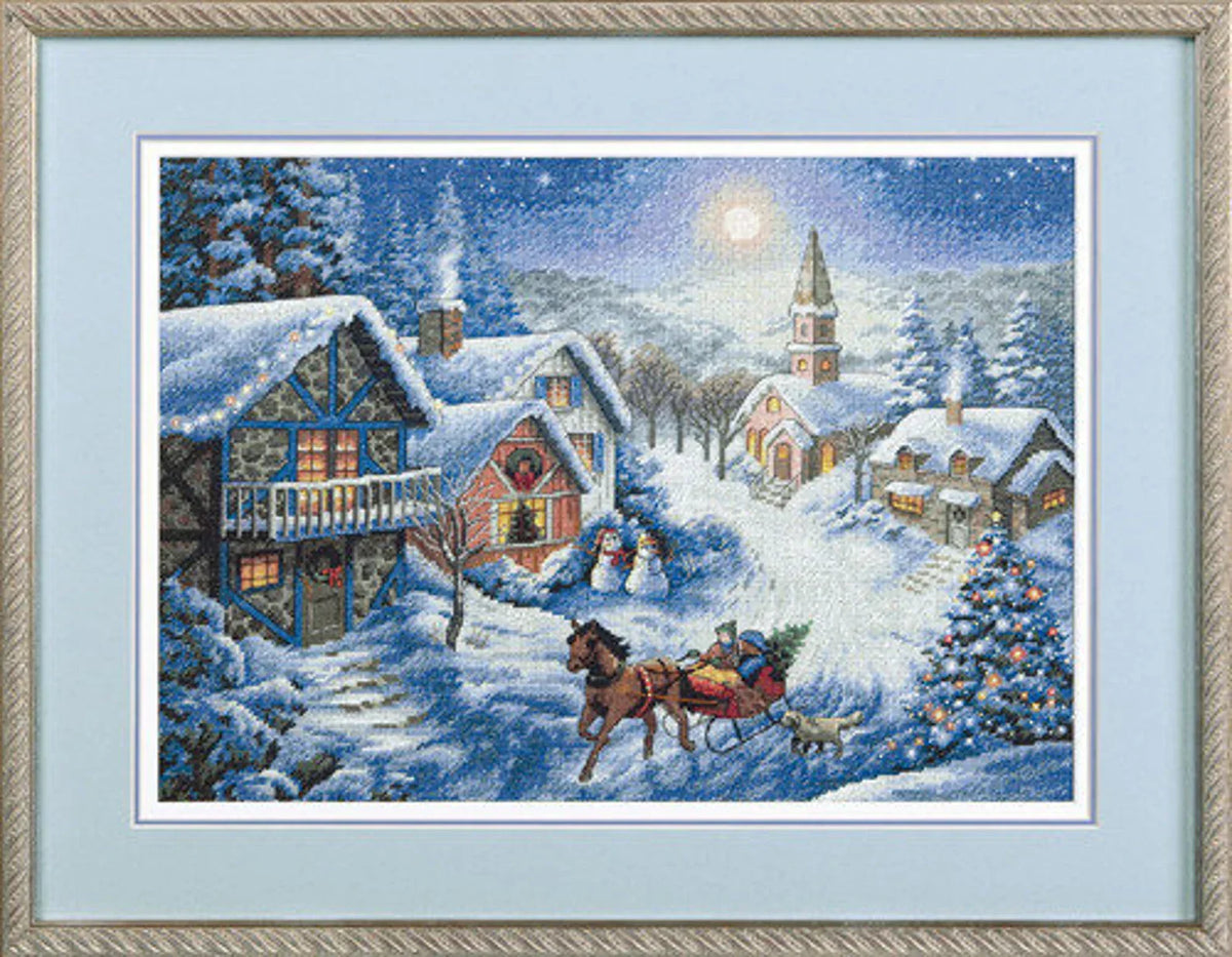 Sleigh Ride Counted Cross Stitch Pattern Christmas Village Winter Landscape Hand Embroidery Needlepoint Chart Cottage Digital Pattern PDF