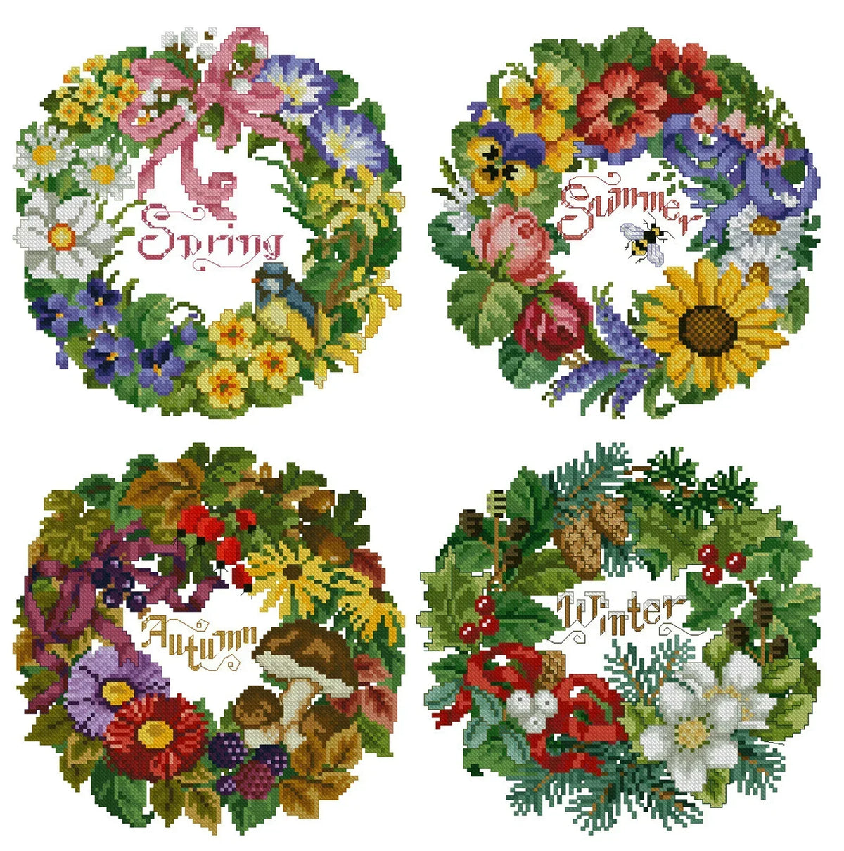 Season Wreath Cross Stitch Patterns Flowers Wreath Colorful Art X-stitch Needlepoint Pattern Embroidery Chart Printable PDF Instant Download