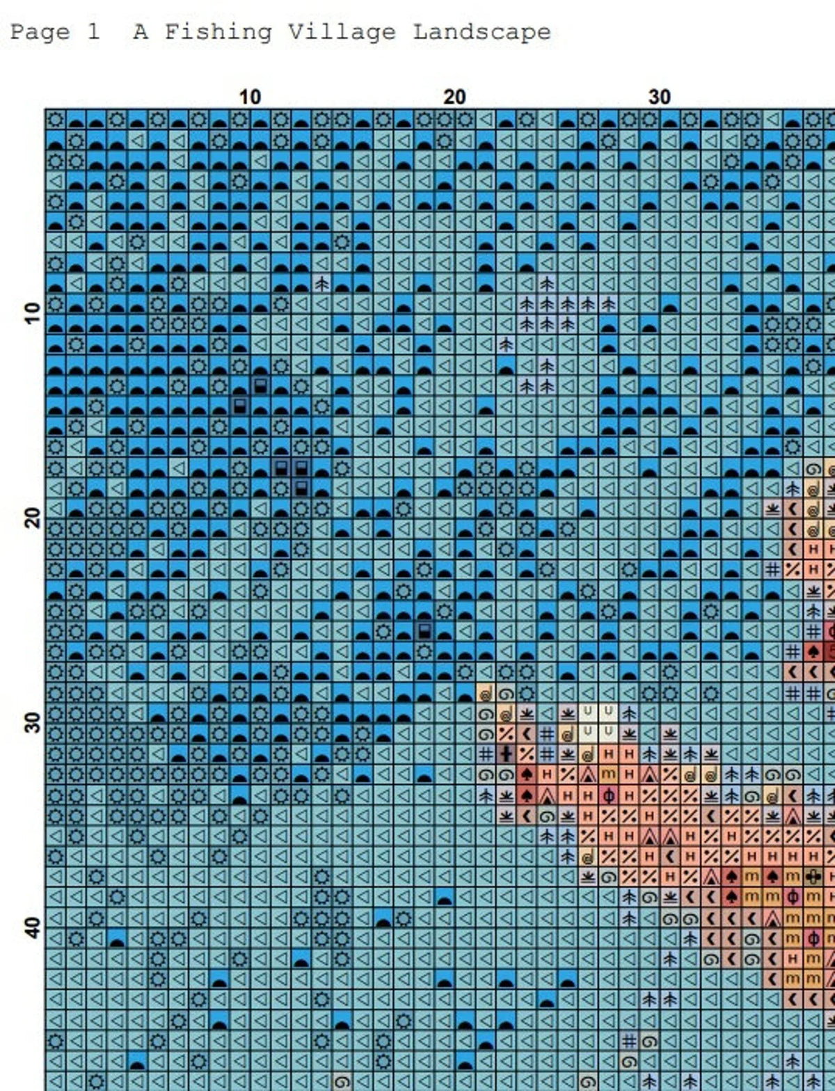 Cross Stitch Pattern,A Fishing Village Landscape,Instant Download,Beach,Blossom Tree,Coastal,Nature,Full Coverage,Sailing,Van Gogh Inspired