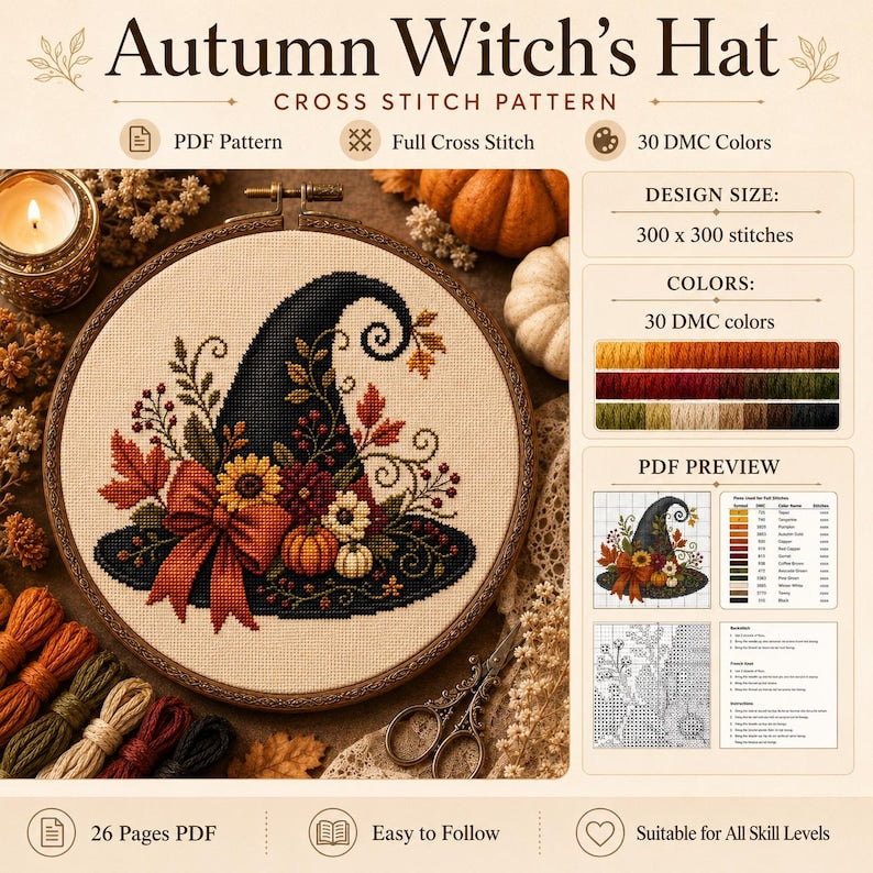 Autumn Witch’s Hat Cross Stitch Pattern PDF, Fall Witch Embroidery, Halloween Decor (Digital Download)