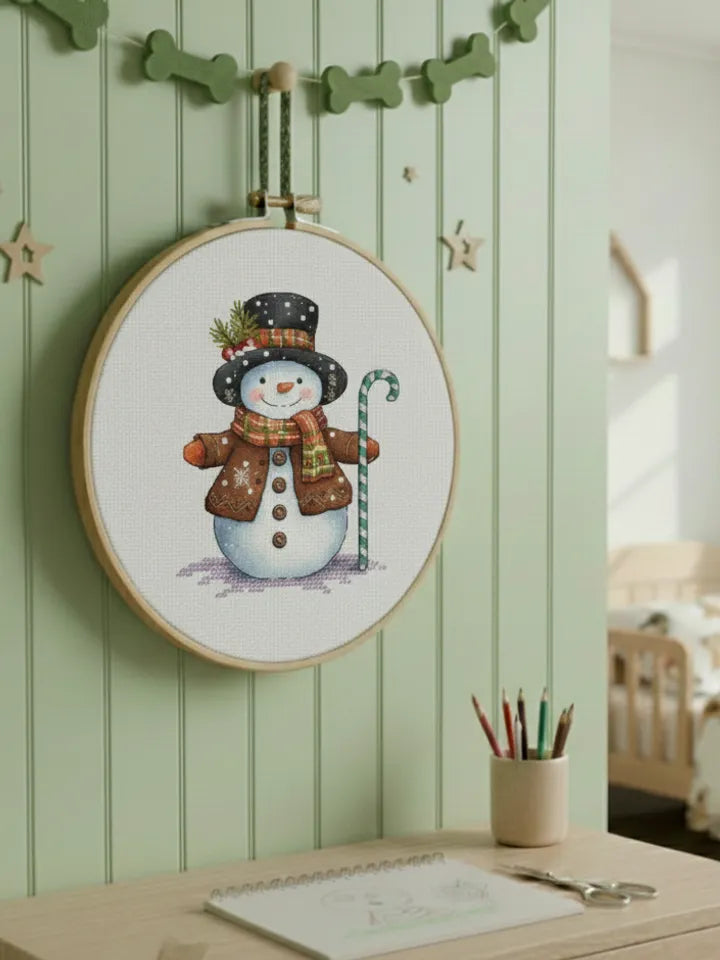 Snowman with Candy Cane Cross Stitch Pattern, Christmas Digital File Hand Embroidery Holiday Decor Winter Instant Download