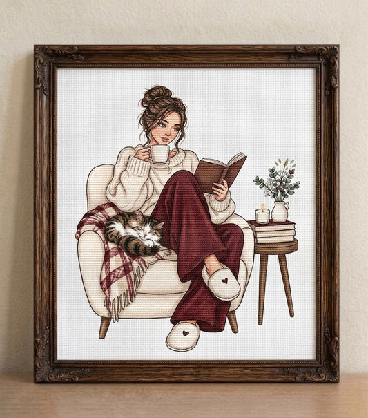 Cozy Reading With My Cat Cross Stitch Pattern  Instant Download PDF