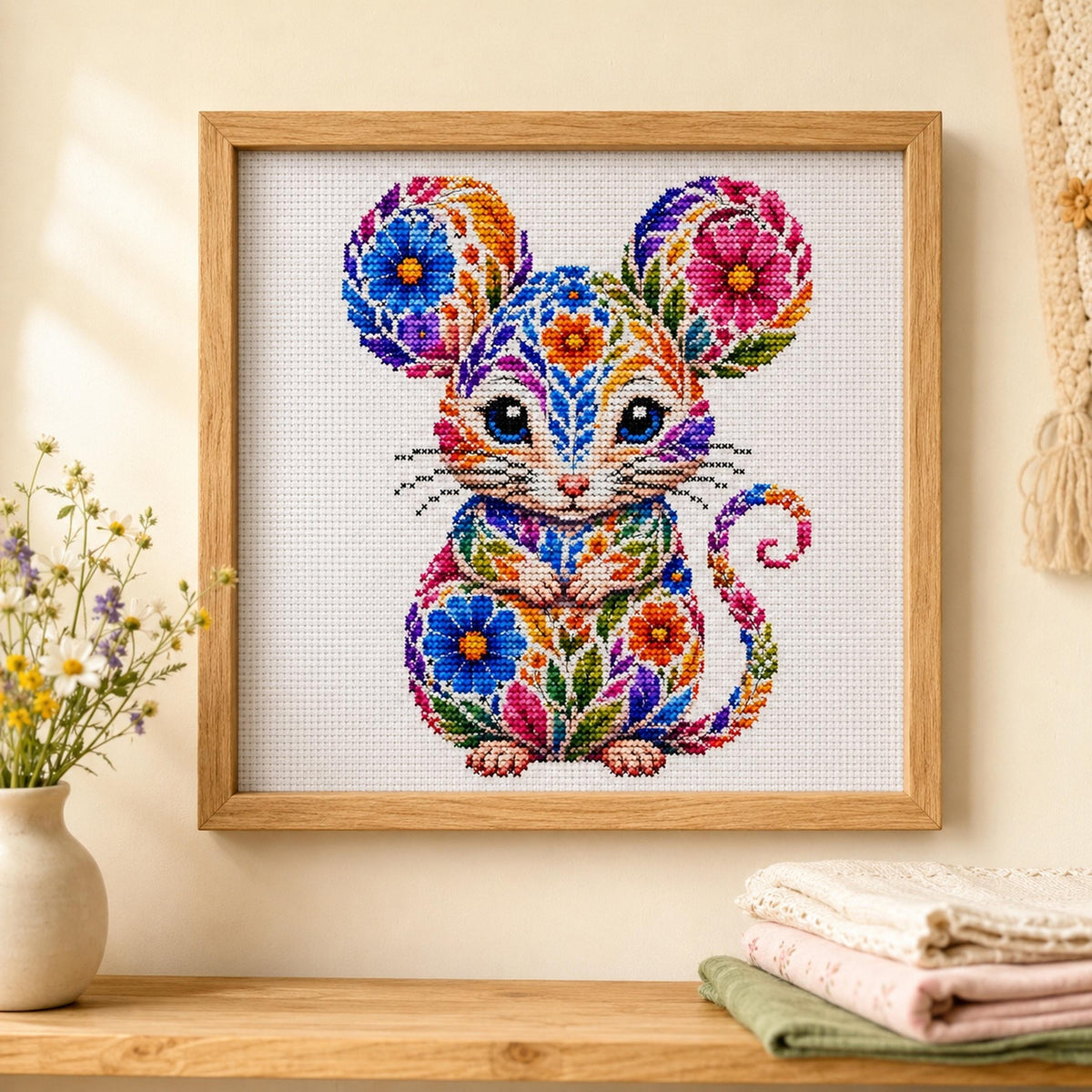 Colorful Mouse Cross Stitch Pattern | Floral Folk Art Embroidery