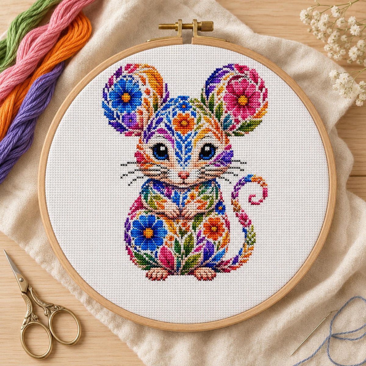 Colorful Mouse Cross Stitch Pattern | Floral Folk Art Embroidery
