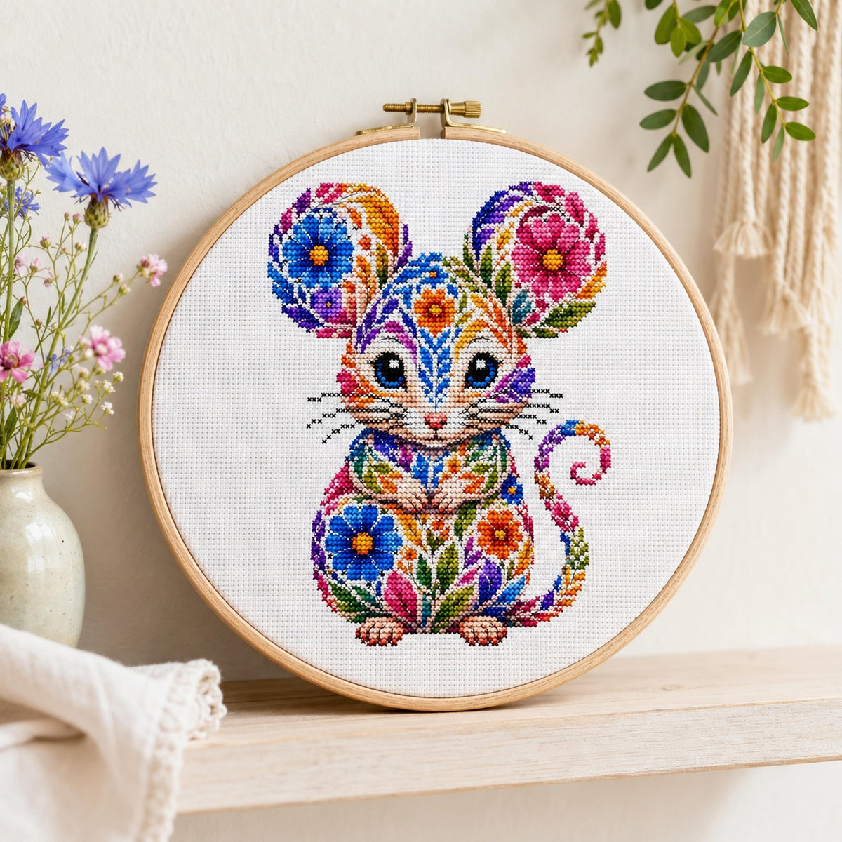 Colorful Mouse Cross Stitch Pattern | Floral Folk Art Embroidery