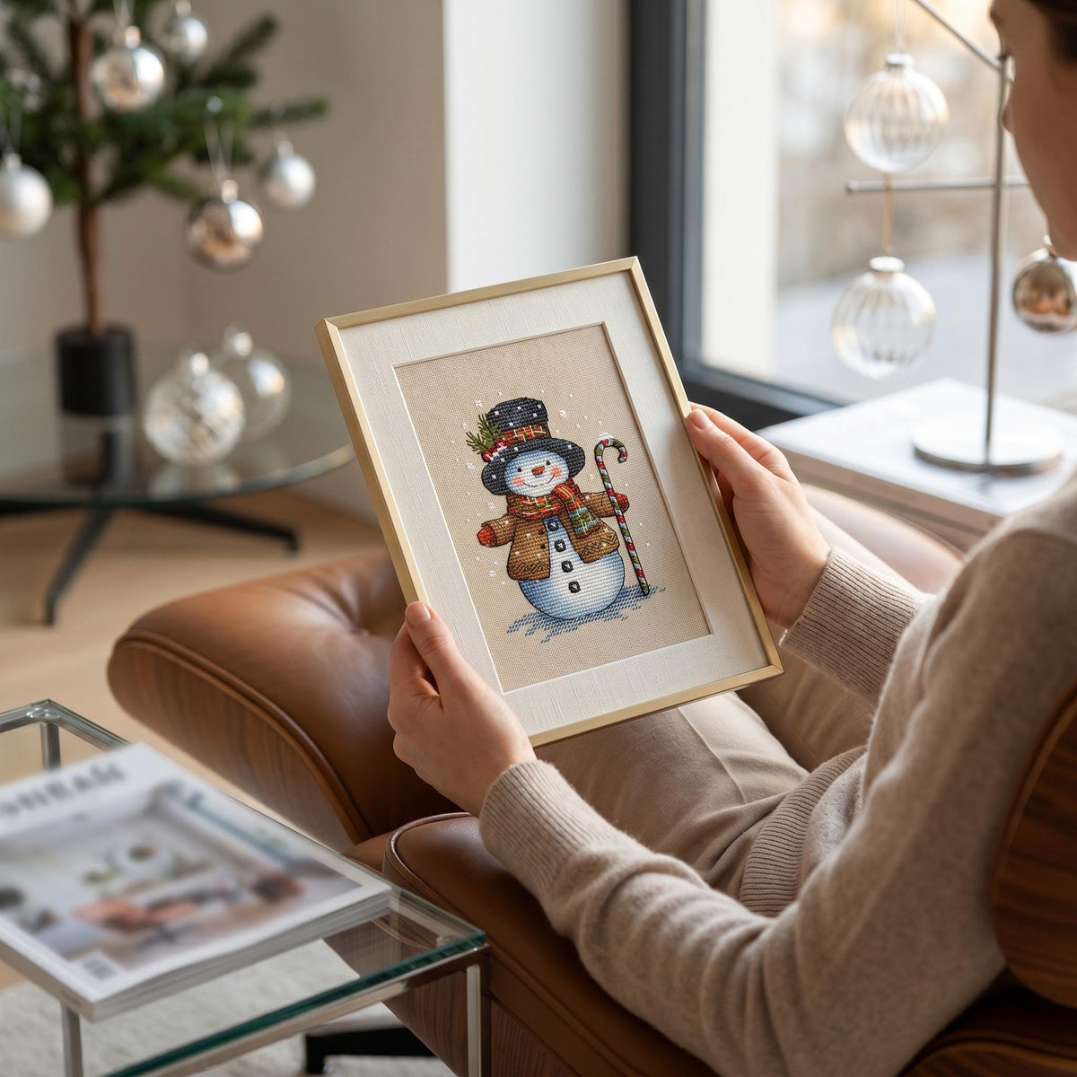 Snowman with Candy Cane Cross Stitch Pattern, Christmas Digital File Hand Embroidery Holiday Decor Winter Instant Download