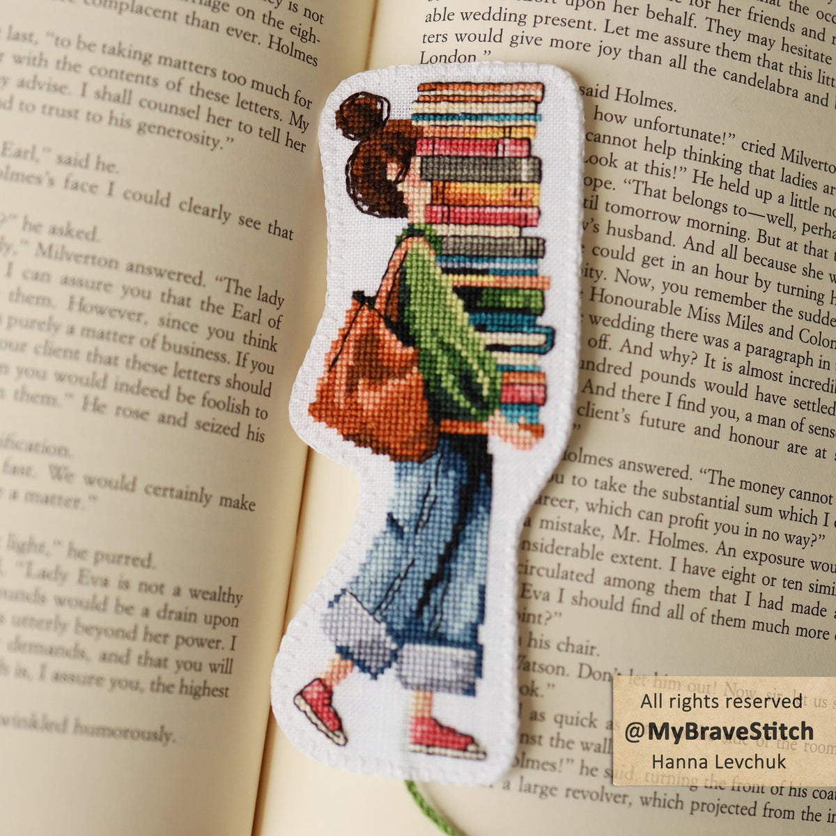 Walking Girl With a Books Bookmark Cross Stitch Pattern, PDF Download