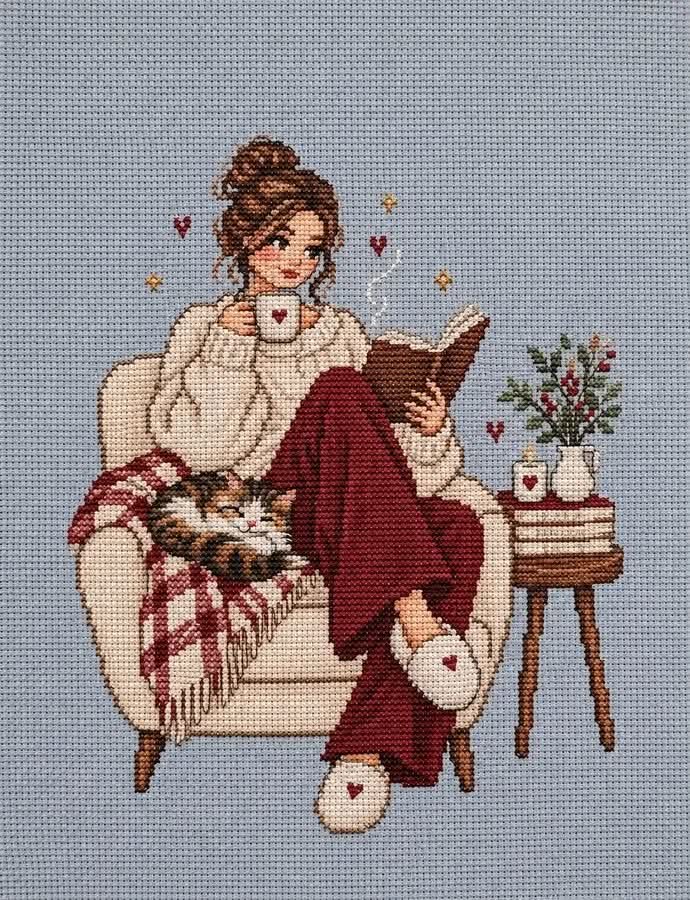 Cozy Reading With My Cat Cross Stitch Pattern  Instant Download PDF