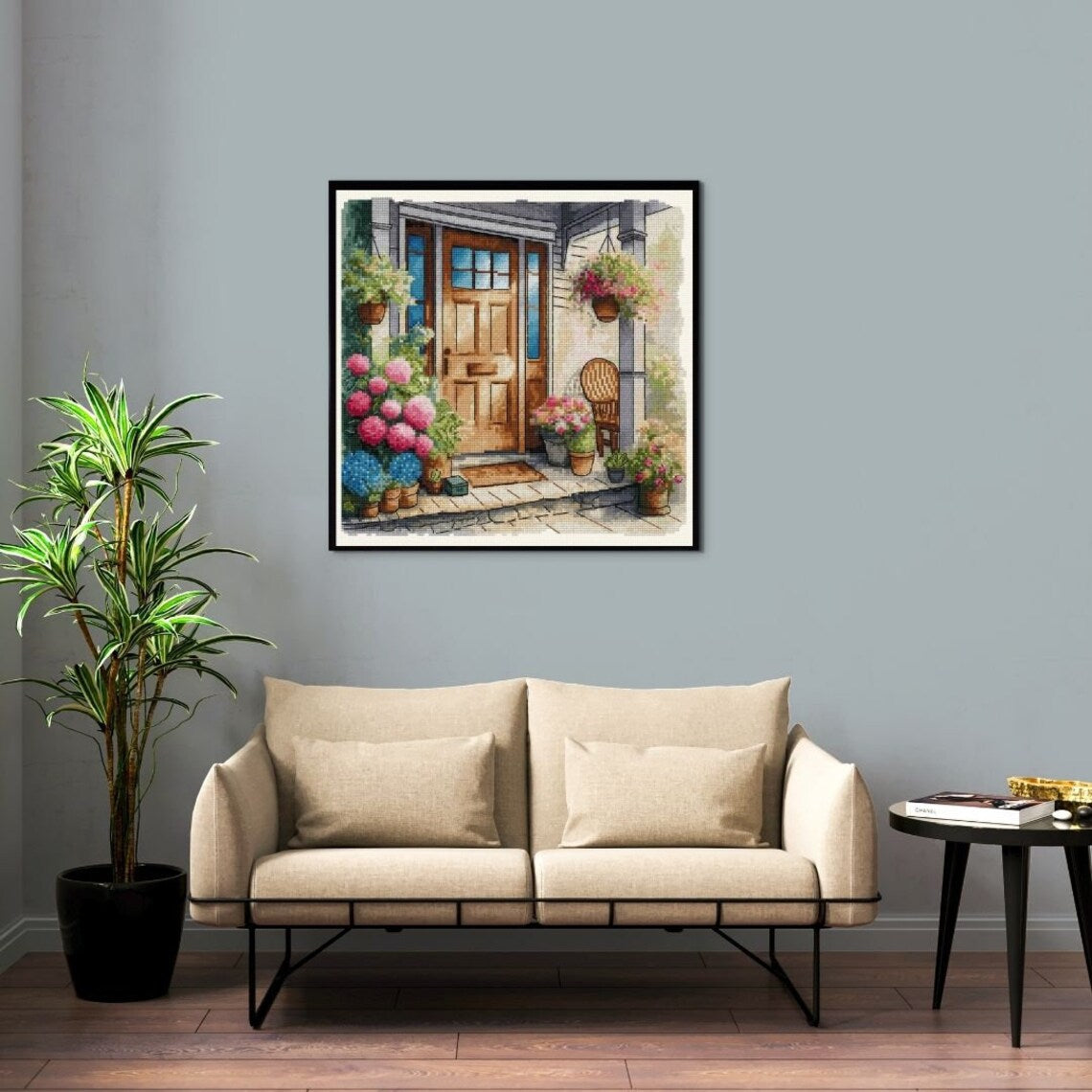 Summer Cottage Porch Cross Stitch Pattern, Cozy House Front Door with Chair modern embroidery, Hydrangea and Flowers, Instant PDF Download