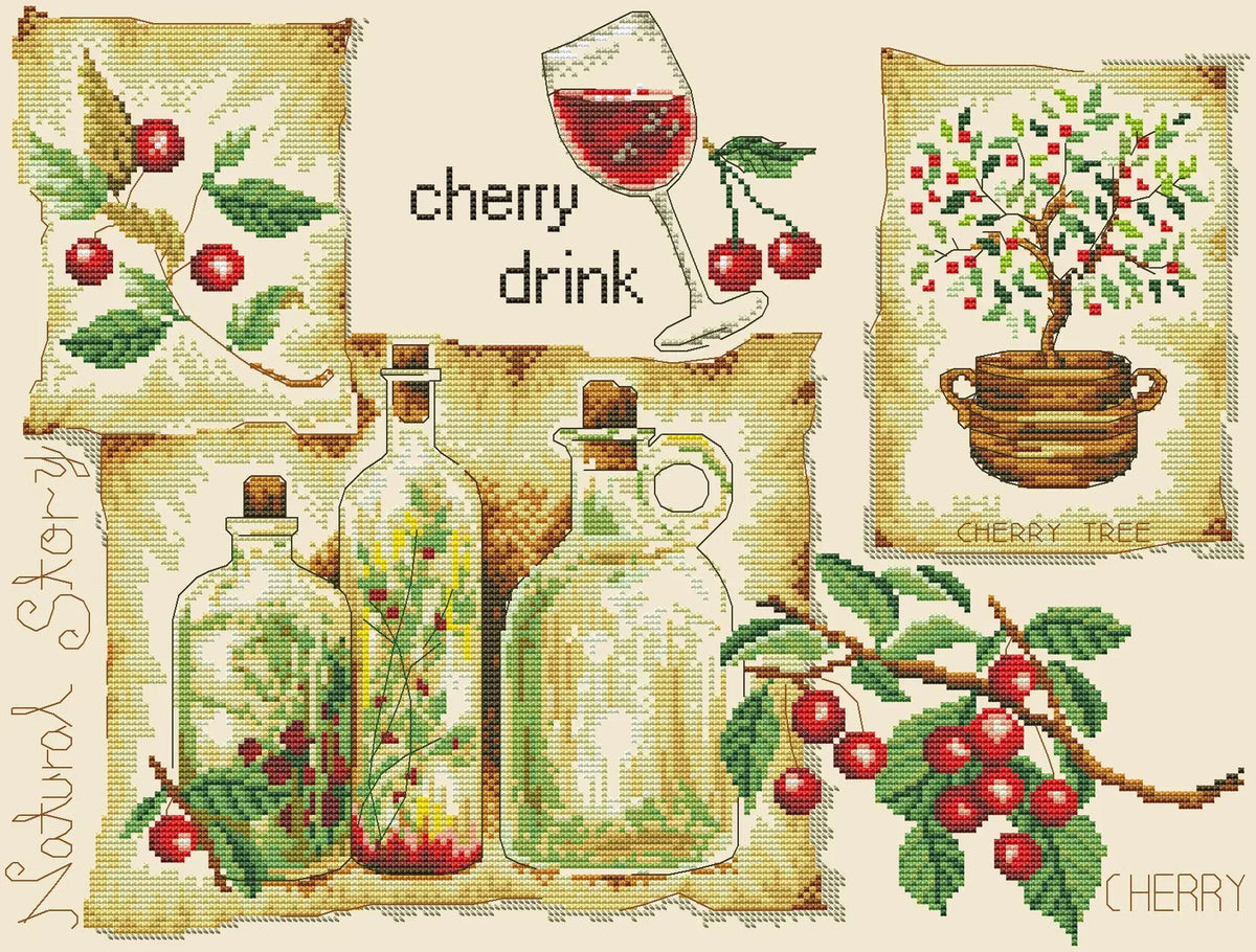 Kitchen Cross Stitch Pattern Cherry Drink Digital Pattern Kitchen Still Life Modern Decor Pattern Glass of wine Embroidery Needlepoint chart