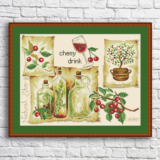 Kitchen Cross Stitch Pattern Cherry Drink Digital Pattern Kitchen Still Life Modern Decor Pattern Glass of wine Embroidery Needlepoint chart