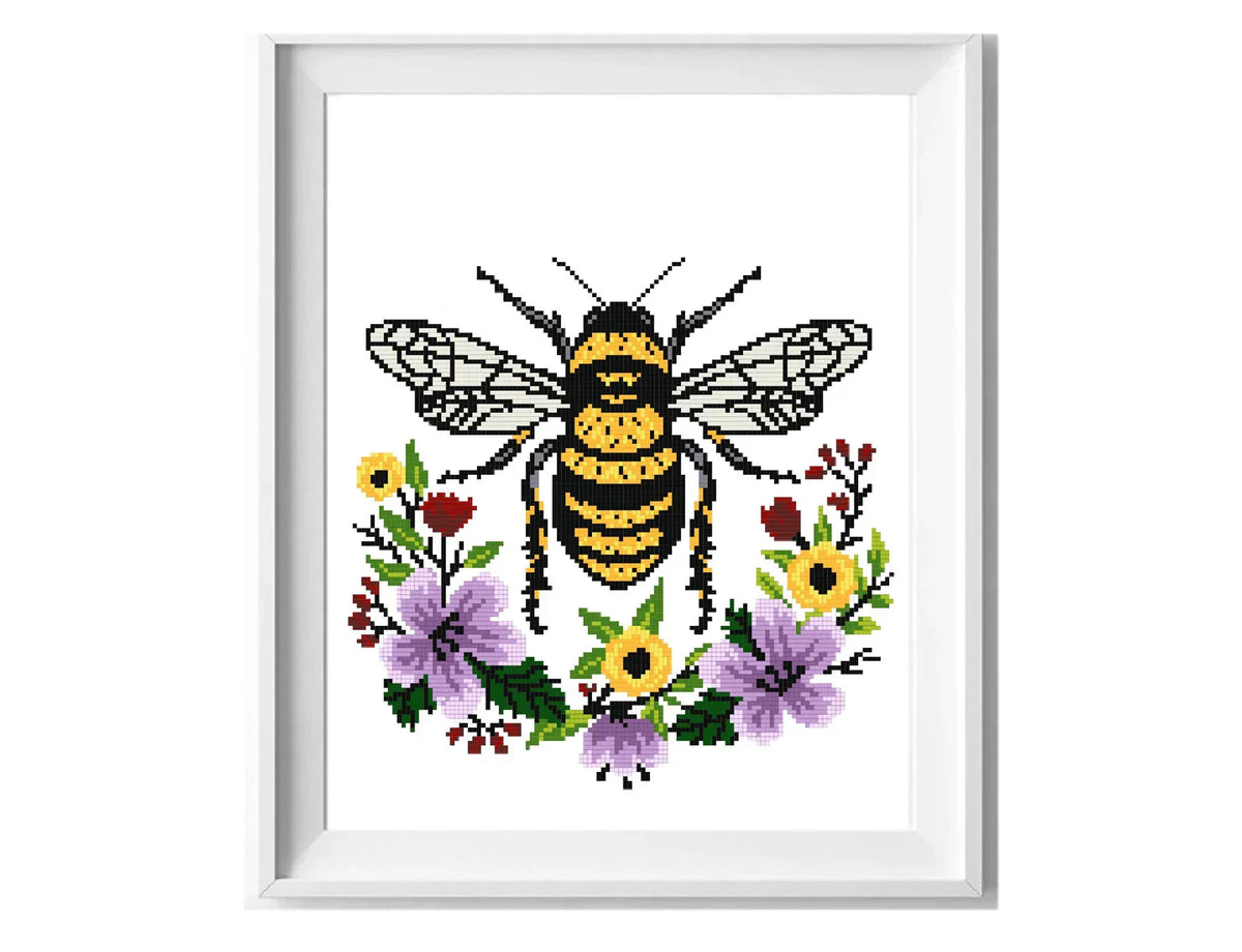 Honey bee Modern Cross Stitch Pattern, flowers wreath, insect counted cross stitch chart, nature, hoop embroidery, Instant download PDF