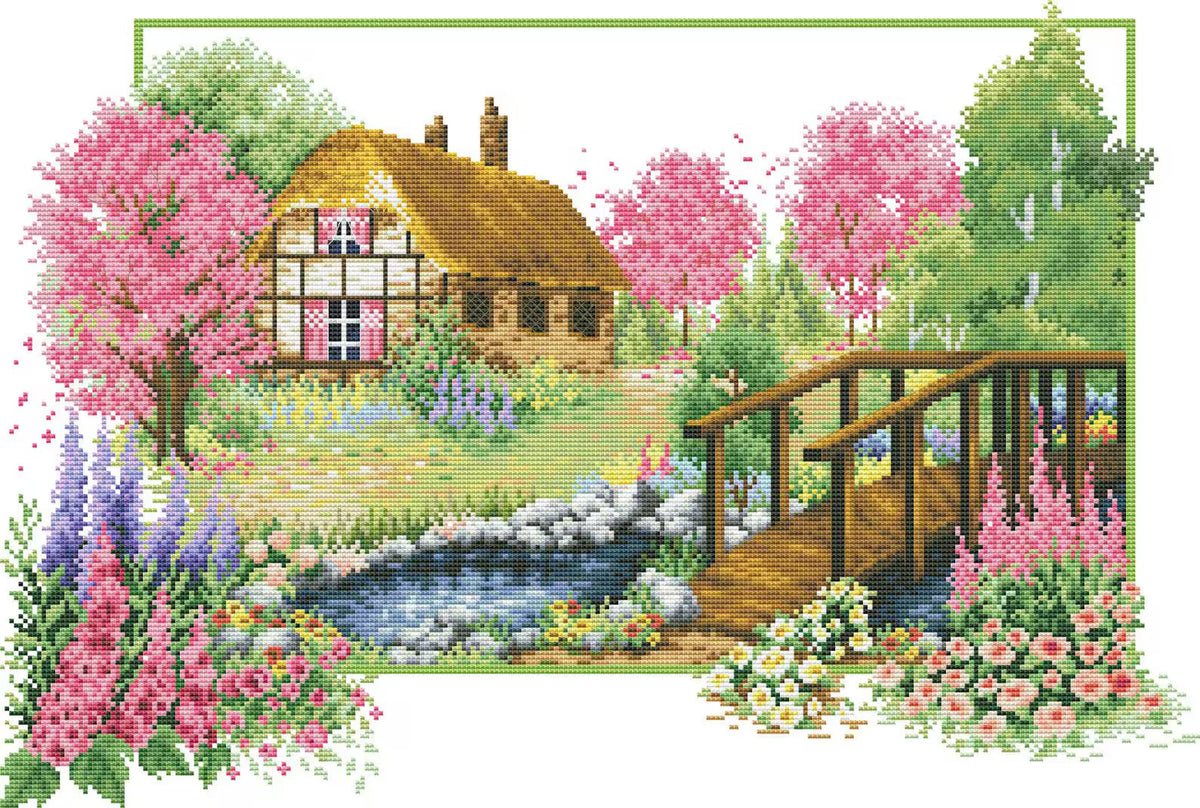 Spring landscape Counted Cross Stitch Pattern Village House Hand Embroidery Needlepoint Chart Cottage Pattern PDF Modern Cross Stitch