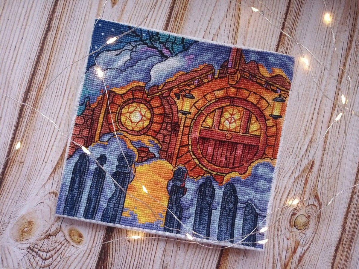 Cross Stitch Pattern "Halfling's house in winter night" DMC Needlepoint Pattern Embroidery Chart Printable PDF Instant Download