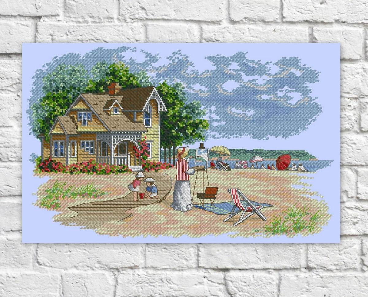 Beach House Cross Stitch Pattern Colorful Art DIY X-stitch Chart Needlepoint Pattern Embroidery Chart Printable PDF Instant Download Design