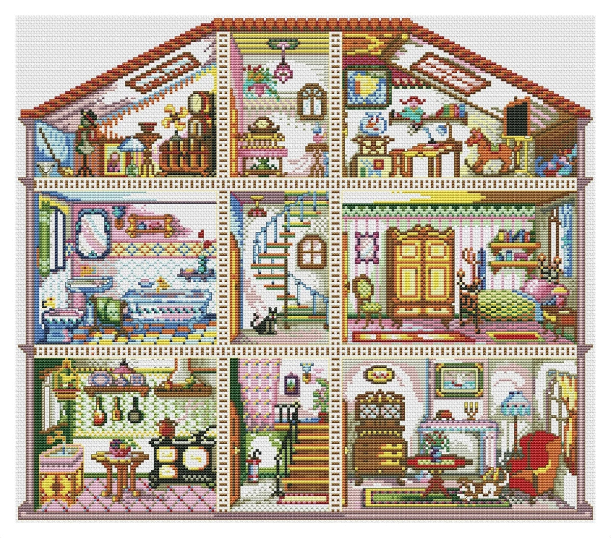 Doll House Cross Stitch Pattern Colorful Art DIY X-stitch Chart Needlepoint Pattern Embroidery Chart Printable Instant Download PDF Design