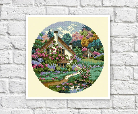 Spring Houses Cross Stitch Pattern Cottage Colorful Art DIY X-stitch Needlepoint Embroidery Chart Printable Instant Download PDF Design