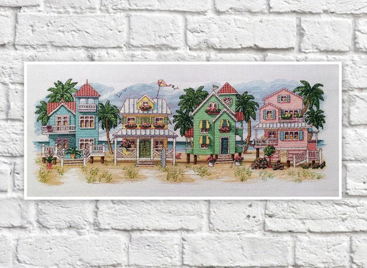 Beach Houses Cross Stitch Pattern Colorful Art DIY X-stitch Chart Needlepoint Pattern Embroidery Chart Printable Instant Download PDF Design
