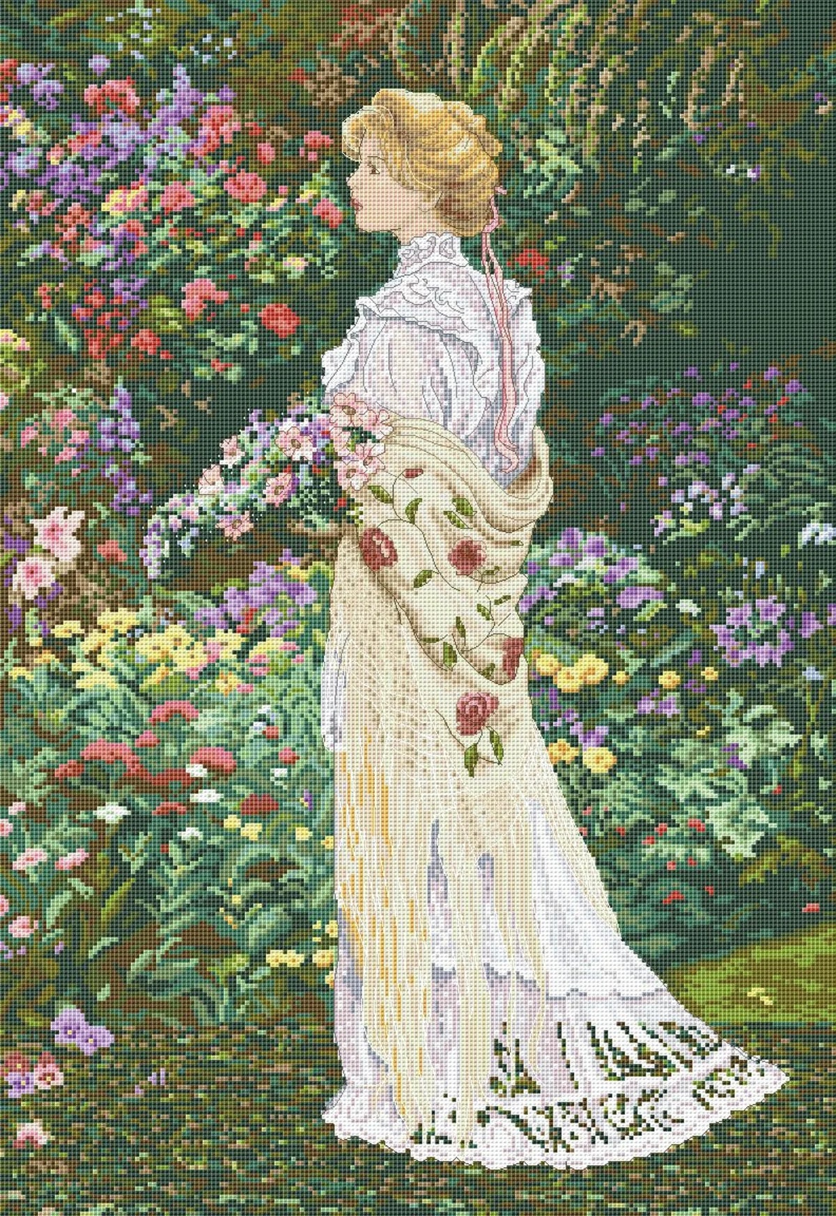 Victorian Lady Cross Stitch Pattern Digital Pattern Modern Wall Decor Flowers Pattern Woman in Garden Hand Embroidery Needlepoint chart PDF