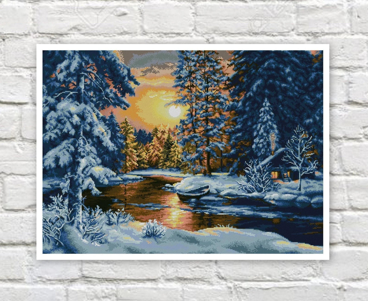Winter Landscape Cross Stitch Pattern Counted PDF X-stitch Chart Needlepoint Embroidery Instant Download