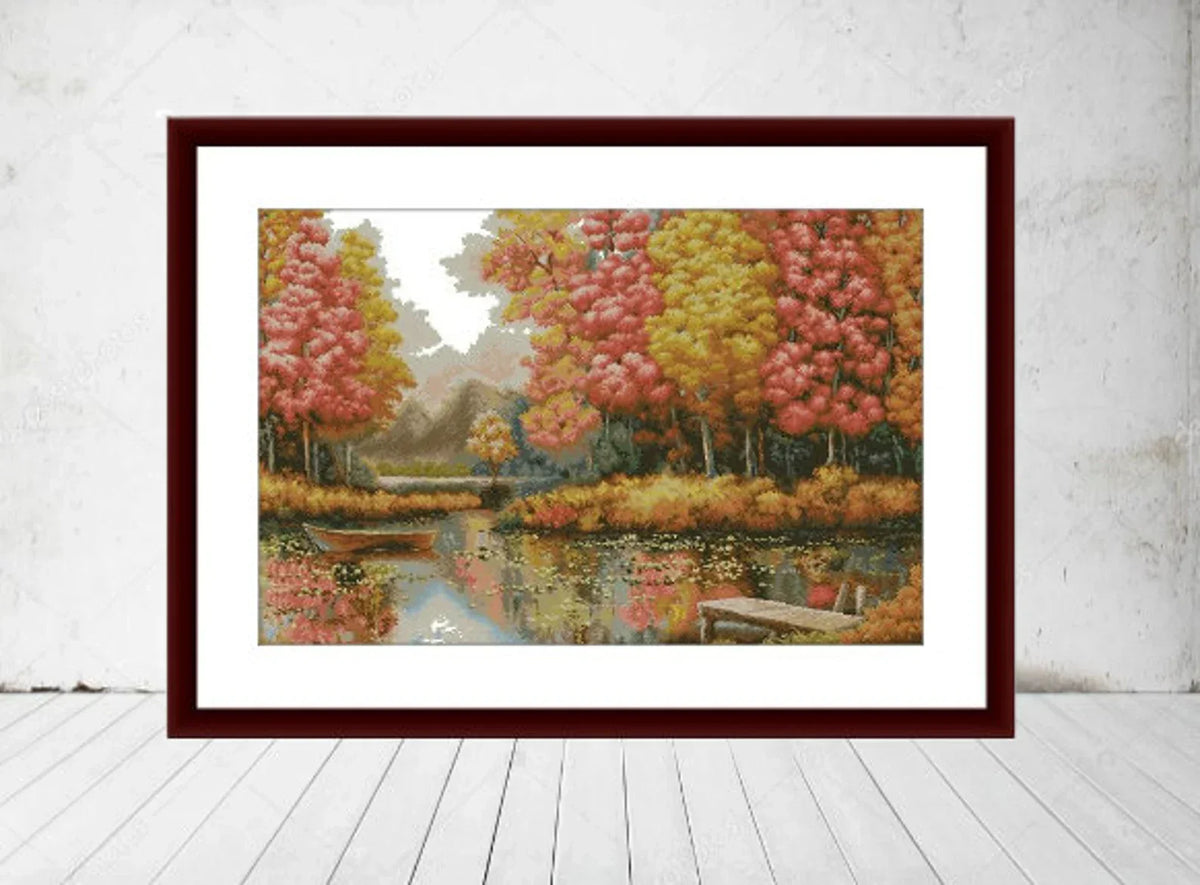 Autumn Landscape PDF Counted cross stitch pattern Landscape fall Digital cross stitch chart Fall season PDF xstitch pattern intant download