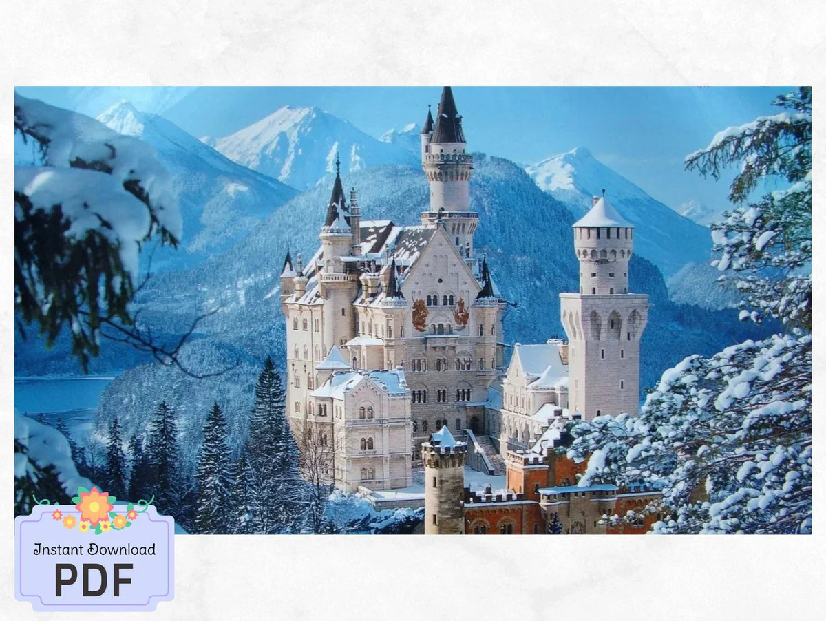 Neuschwanstein Castle Cross Stitch Pattern , Famous Paintings X Stitch , Instant Download , Digital File , Winter Landscape