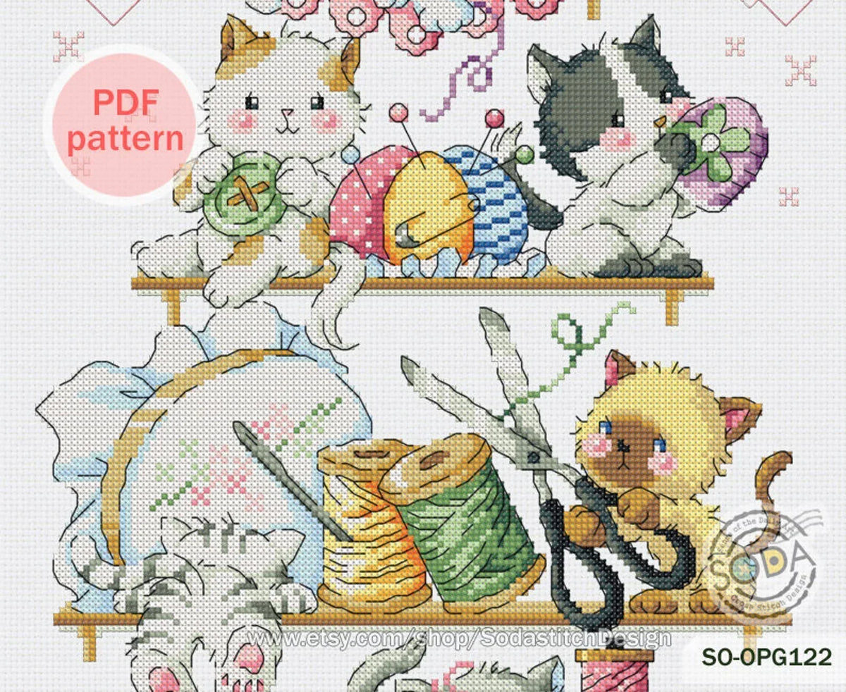 Cross Stitch Pattern pdf Kitten Cat Kitty Cute Animal Modern Instant pdf Download Counted,SO-OPG122 'Sewing Cats'