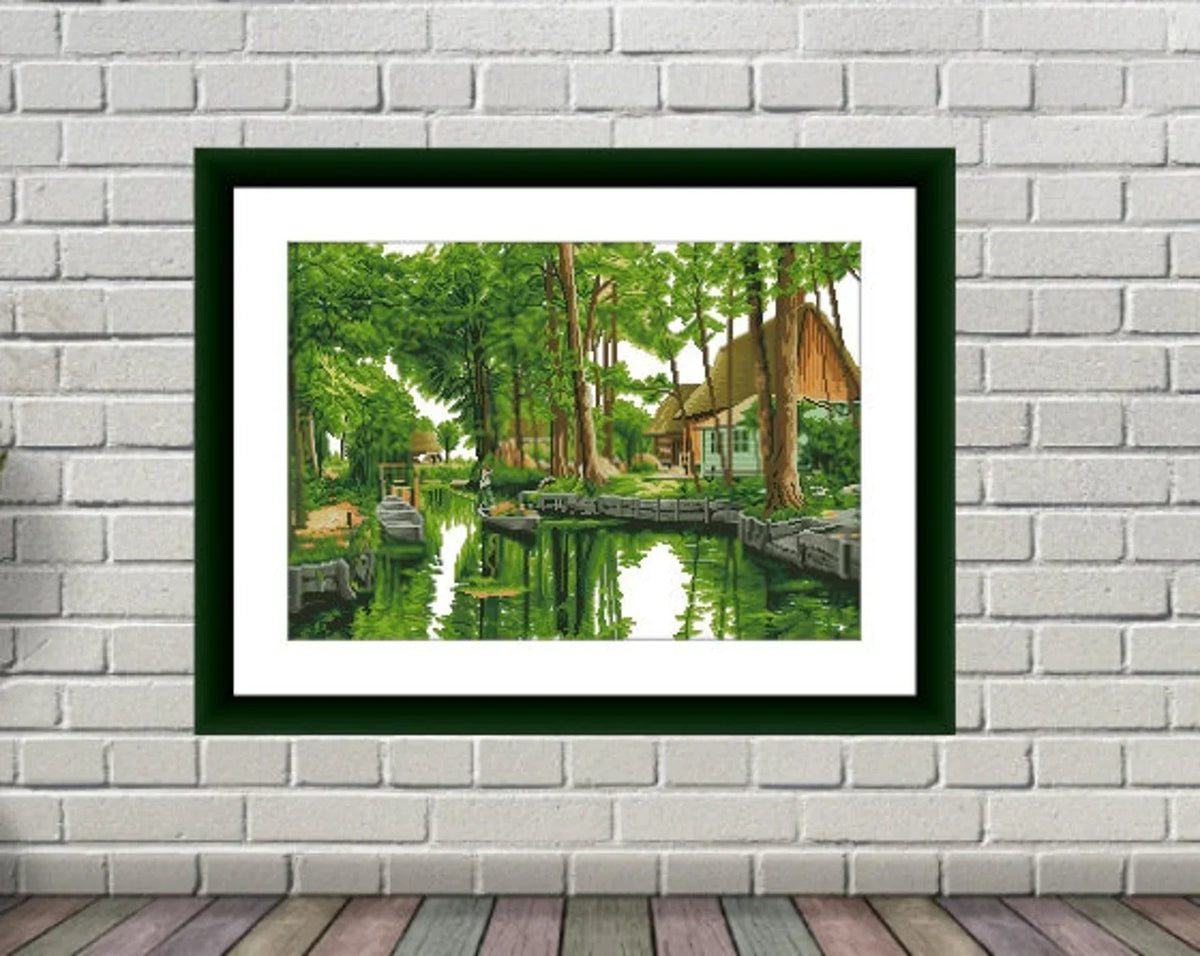 Woodland cottage PDF Counted cross stitch pattern Landscape Digital cross stitch chart Fall season PDF xstitch pattern instant download