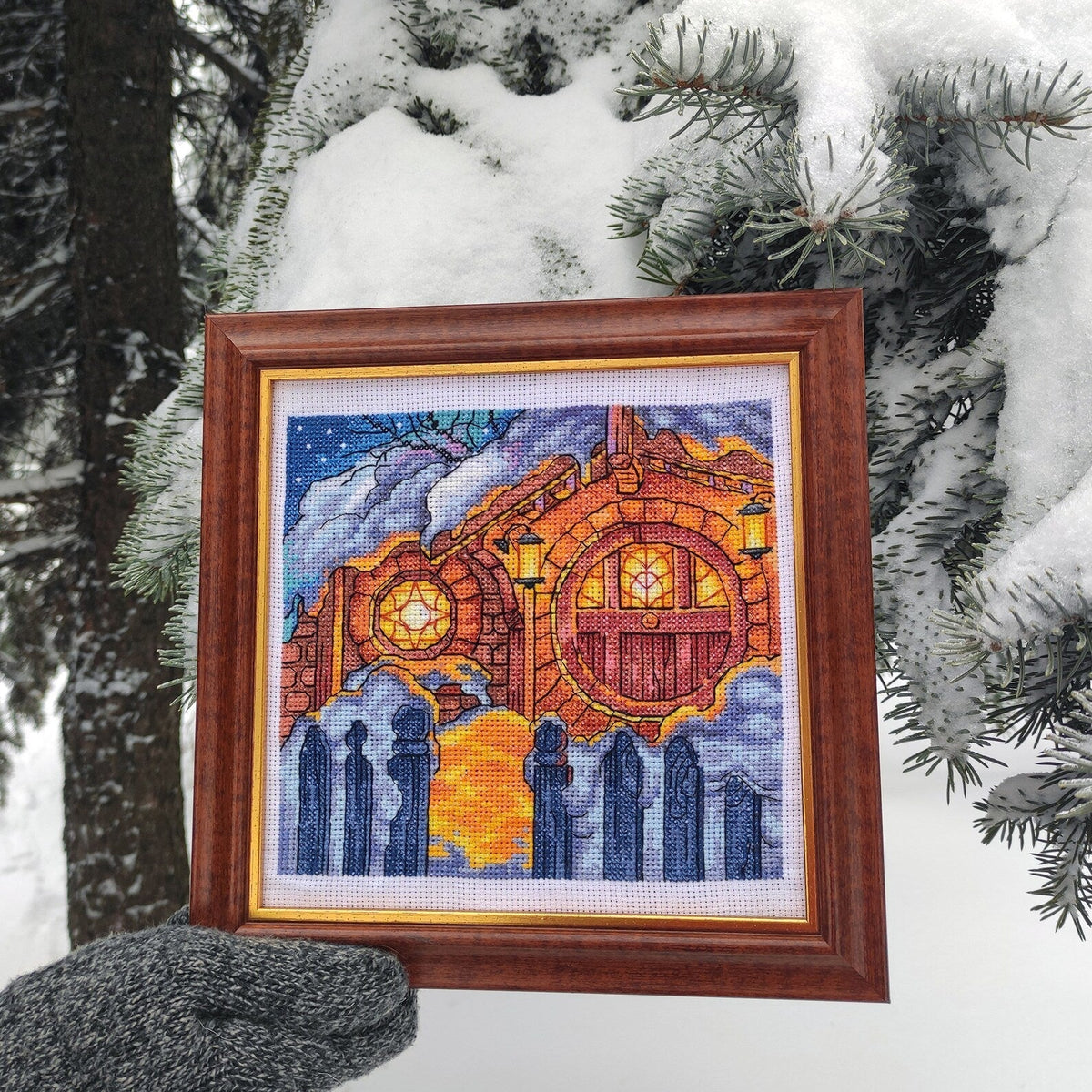 Cross Stitch Pattern "Halfling's house in winter night" DMC Needlepoint Pattern Embroidery Chart Printable PDF Instant Download