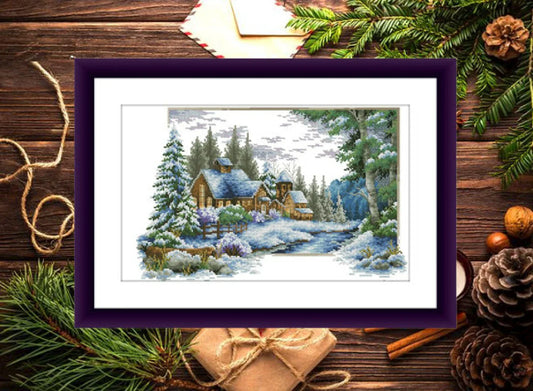Winter Landscape Counted cross stitch pattern winter landscape Digital cross stitch chart winter woodland PDF christmas cross stitch pattern