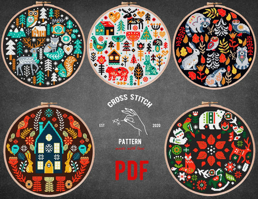 SET OF 5 Scandinavian cross stitch pattern Nordic cross stitch Advent calendar embroidery Christmas ornament Folk theme Holiday home decor