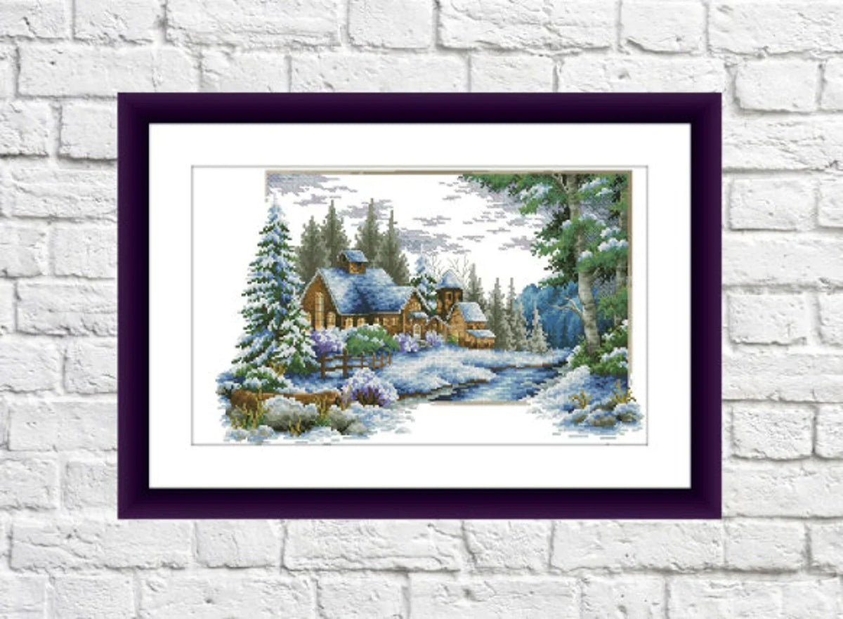 Winter Landscape Counted cross stitch pattern winter landscape Digital cross stitch chart winter woodland PDF christmas cross stitch pattern