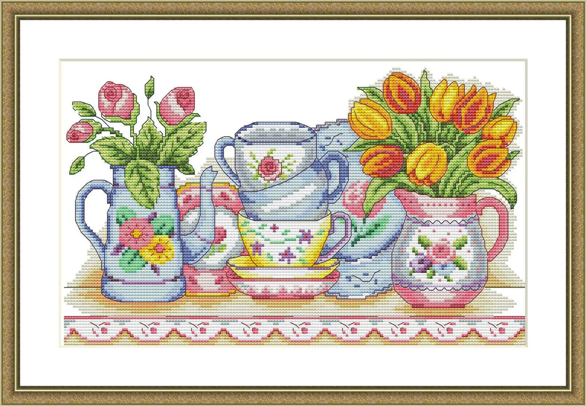 Tea service Cross Stitch Pattern Bouquet of spring flowers Kitchen Still Life Modern Decor Pattern Cups Napkins Embroidery Needlepoint chart