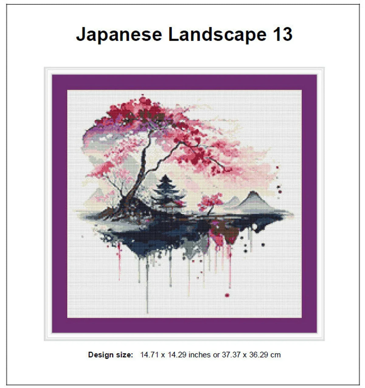 Japanese Landscape Cross Stitch Pattern 13 Instant PDF Download - Cherry Blossom Tree Watercolor Cross Stitch Pattern - Japan Cross Stitch