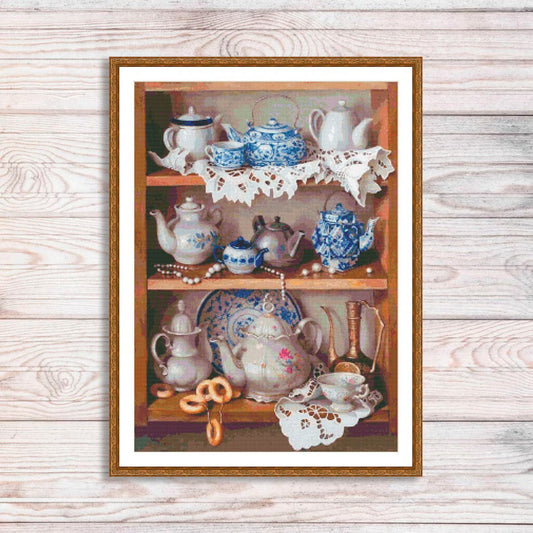 Kitchen shelf Cross Stitch Pattern Shelf with Dishies Kitchen Still Life Modern Decor Pattern Cups Mugs Napkins Embroidery Needlepoint chart