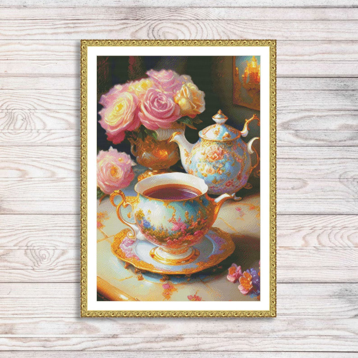 Royal tea set Cross Stitch Pattern Tea service Bouquet of flowers Kitchen Still Life Modern Decor Pattern Cups Napkins Embroidery Needlework