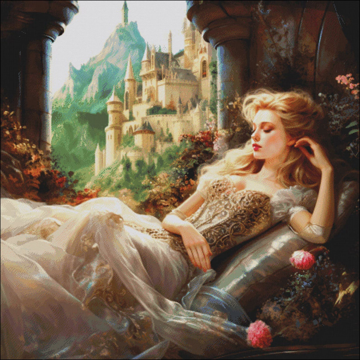 Cross Stitch Pattern PDF Sleeping Beauty, instant download, fantasy castle, fairy tale, full coverage, magical, princess, dmc, embroidery