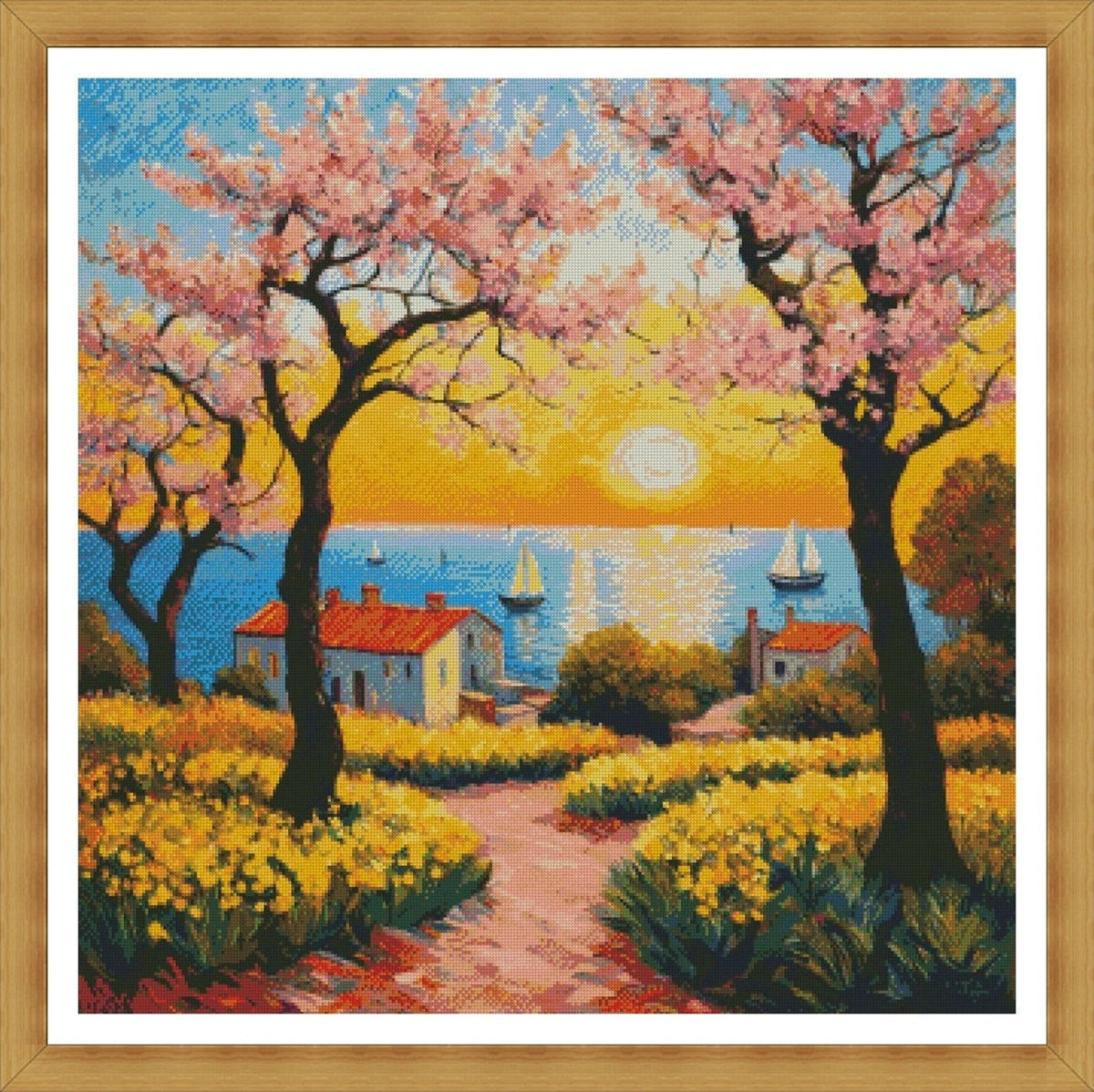 Cross Stitch Pattern,A Fishing Village Landscape,Instant Download,Beach,Blossom Tree,Coastal,Nature,Full Coverage,Sailing,Van Gogh Inspired