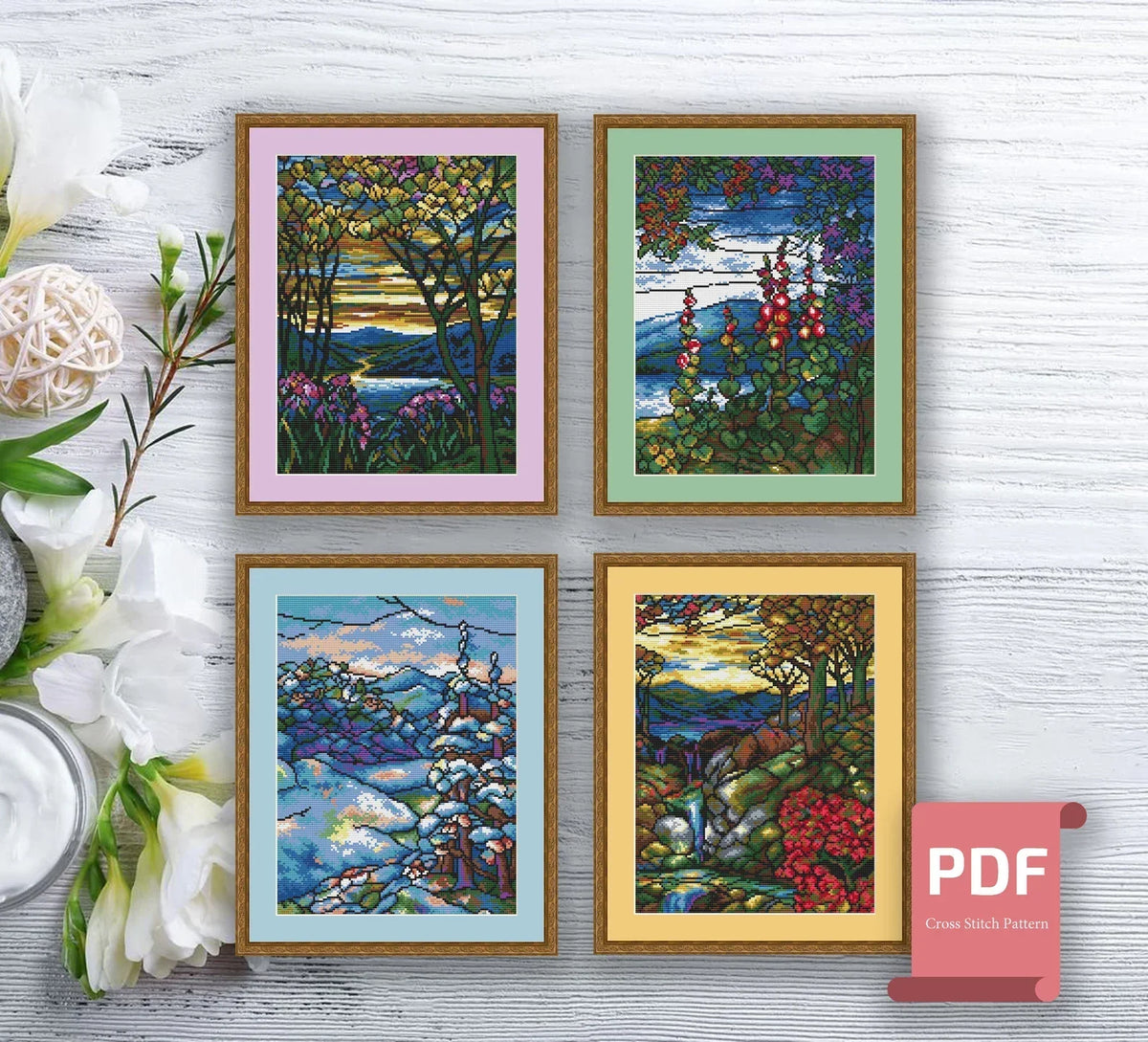 Set of 4 Seasons Landscape Cross Stitch Pattern | Seasons Cross Stitch Pattern | Four Seasons | Mosaic Cross Stitch | Download PDF #ssn205