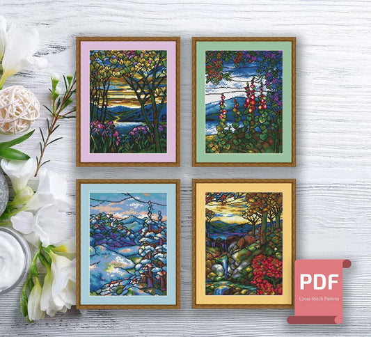 Set of 4 Seasons Landscape Cross Stitch Pattern | Seasons Cross Stitch Pattern | Four Seasons | Mosaic Cross Stitch | Download PDF #ssn205