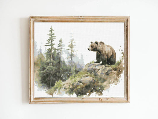 Bear in a Mountain Pine Forest Cross Stitch Sewing Embroidery Pattern Instant DMC Download X-Stitch Landscape Cottagecore Needlework