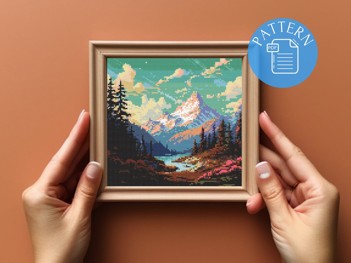 Serene Lake Cross Stitch Pattern – Sunset Mountain Landscape Embroidery – Peaceful Nature Scene – Rustic Cabin Decor – Digital PDF Download