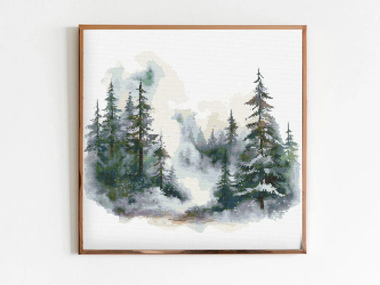 Sleepy Snowy Pine Forest Cross Stitch Sewing Embroidery Pattern Instant DMC Download X-Stitch Landscape Cottagecore Needlework