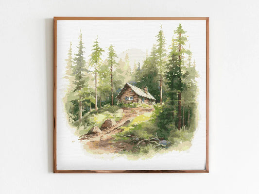 Cabin in the Pine Forest Cross Stitch Sewing Embroidery Pattern Instant DMC Download X-Stitch Landscape Cottagecore Needlework