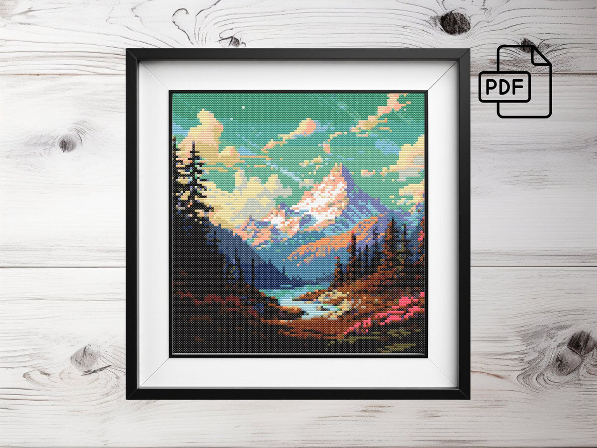 Serene Lake Cross Stitch Pattern – Sunset Mountain Landscape Embroidery – Peaceful Nature Scene – Rustic Cabin Decor – Digital PDF Download