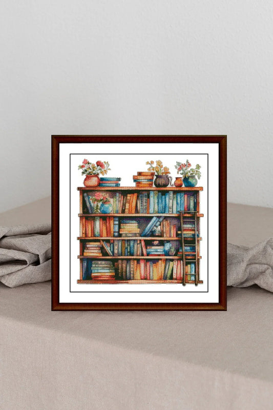 Bookcase Cross Stitch Pattern,Books and flowers in pots,Counted Cross Stitch,Pattern Keeper,xstitxh,Embroidery,Pdf,Instant Download