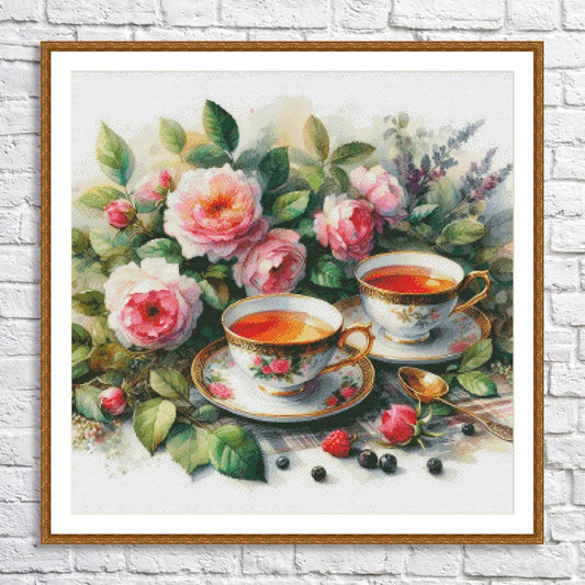Tea Cups Cross Stitch Pattern Pattern Bouquet of roses Kitchen Still Life Modern Decor Pattern Mugs Napkins Embroidery Needlepoint chart PDF