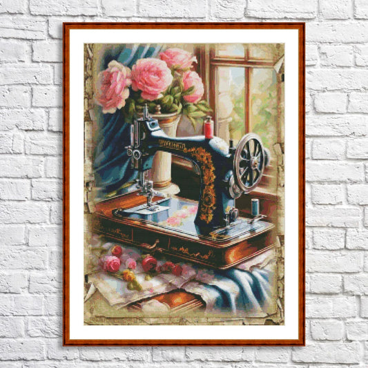 Vintage sewing machine Counted Cross Stitch Pattern Bouquet of roses Digital Pattern Sewing room Pattern Hand Embroidery Needlepoint chart