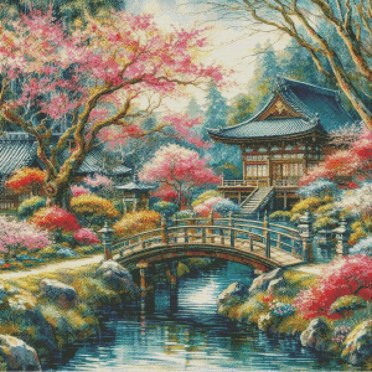 PDF Japanese Garden Counted Cross Stitch Pattern, Landscape design, Instant Download Digital format
