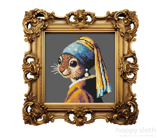Squirrel With A Pearl Earring Cross Stitch Pattern - Funny Animal Cross Stitch Chart - Art History Cross Stitch - Famous Artworks - Vermeer